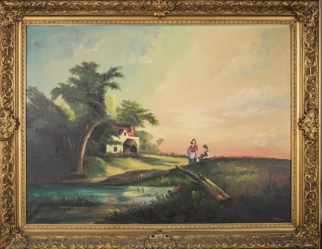 Continental School (Early 20th Century): Couple by the Pond. Oil on canvas. Signed "Pincus" (l.r.). Canvas size 30 x 40 1/4 inches. Framed.