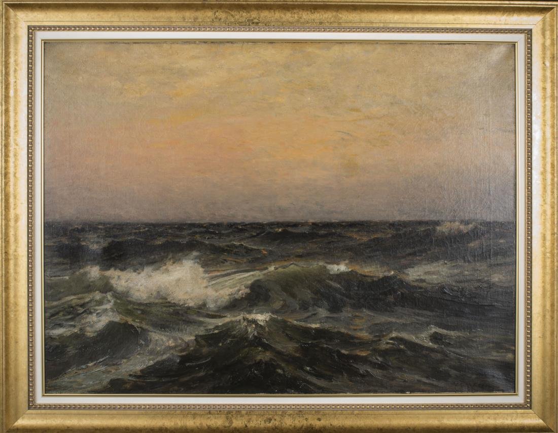 Continental School (19th Century): Seascape. Oil on canvas. Signed illegibly (l.r.). Canvas size 30 x 40 inches. Framed.