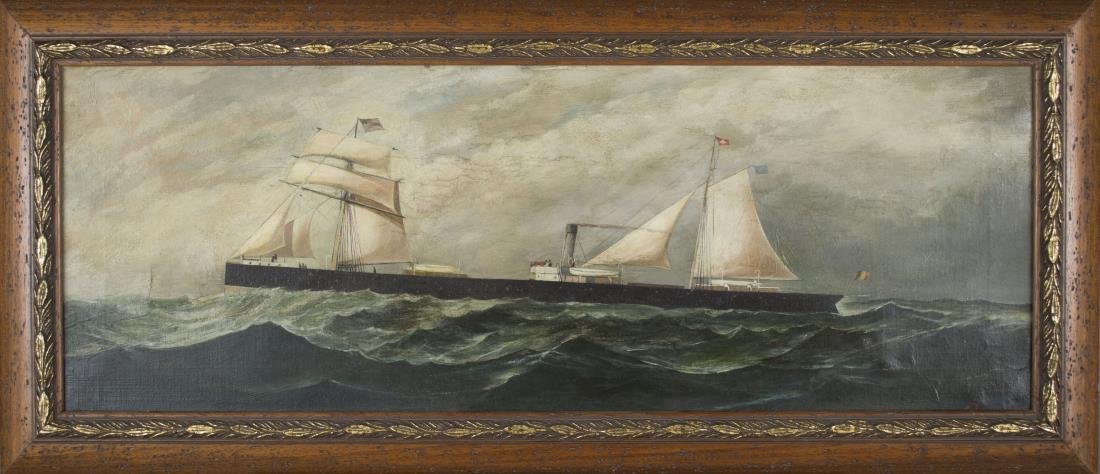 Continental School (19th Century): Boat at sea. Oil on canvas. Signed illegibly (l.r.). Canvas size 13 x 36 inches. Framed.