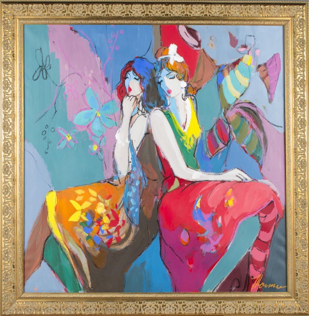In the Manner of Itzchak Tarkay (Is., 1935-2012): Seated Women. Acrylic on canvas. Signed illegibly (l.r.). Canvas size 39 x 39 inches. Framed.