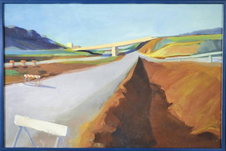 Laurie Hogin (American, 20th Century): Interstate Construction. Oil on canvas. Signed (verso). Canvas size 24 x 36 inches. Framed.