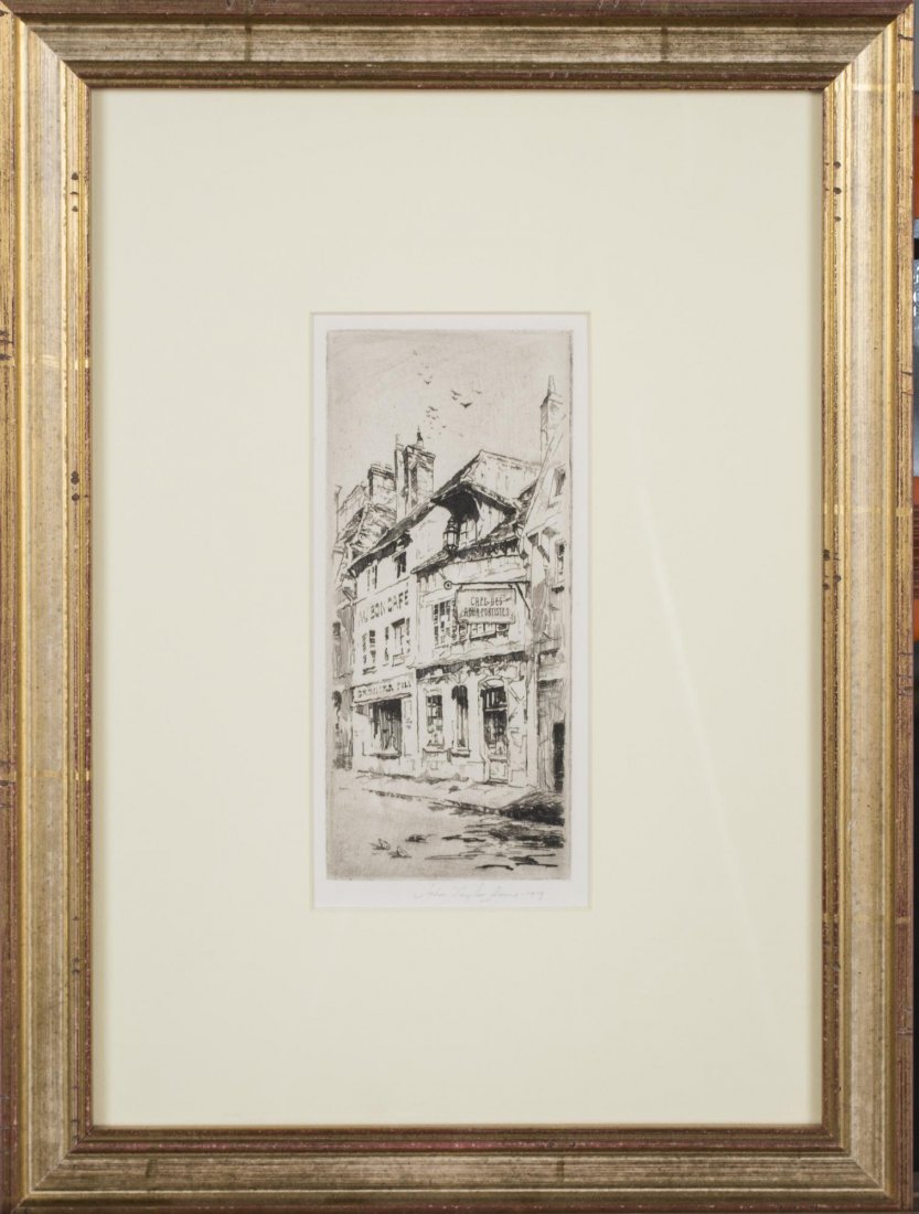 John Taylor Arms (American, 1887-1953): The Sign Au Bon Cafe. Etching, circa 1919. Signed and dated (l.r.). Sight size 7 x 3 1/4 inches. Matted and framed.