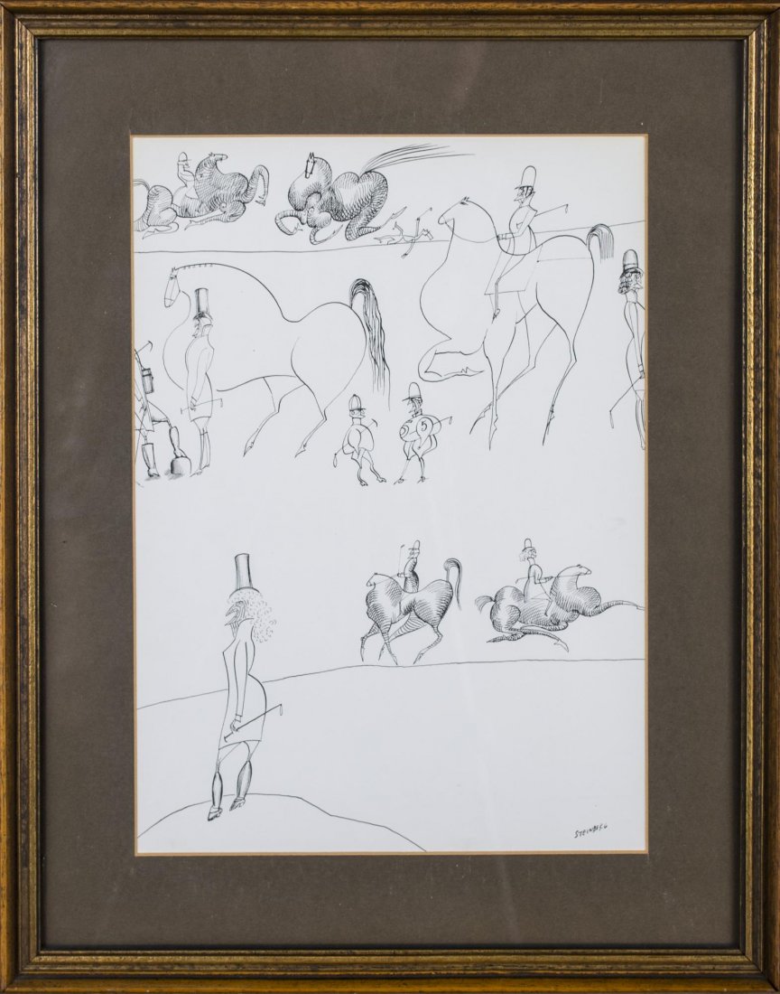 After Saul Steinberg (American, 1914-1999): Men on horses. Reproduction on board. Signed in print (l.r.). Sight size 14 x 10 inches. Matted and framed.
