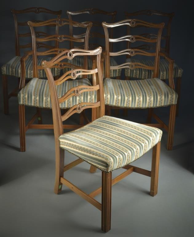Set of Six Fruitwood Dining Chairs: Each with open ladder back, upholstered seat, and square fluted front legs joined by an H stretcher. Armchair height 38 inches, width 25 inches, depth 22 inches.