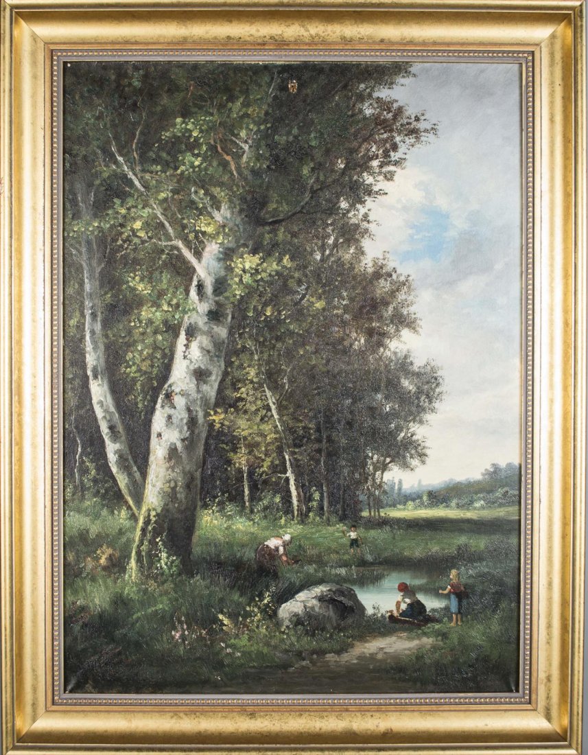 Continental School (19th Century): Figures by the Creek. Oil on canvas. Initialed C.M. (l.r.). Canvas size 32 x 23 1/2 inches. Framed.