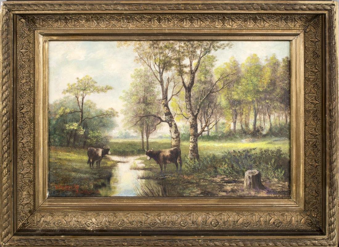 After David Johnson (American, 1827-1908): Bulls by the Creek. Oil on canvas, 1898. Signed and dated (l.r.). Canvas size 12 x 18 inches. Framed.