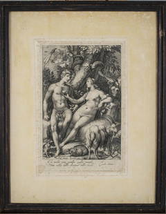 Jan Pietersz Saenredam (Dutch, 1565-1607): Eve Giving Adam The Forbidden Fruit. Etching on laid paper mounted on board, original circa 1597. Plate size 8 3/4 x 5 1/2 inches. Framed.