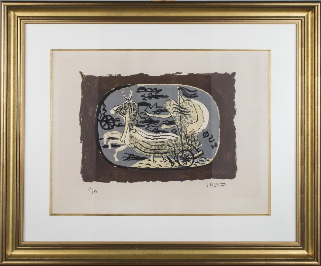 George Braque (French, 1882-1963): Phaeton (Chariot I). Color lithograph on wove Arches paper, 1945, published by Mourlot. Signed (l.r.), numbered 17/75 (l.l.). Image size 12 x 17 1/8 inches. Matted and framed.