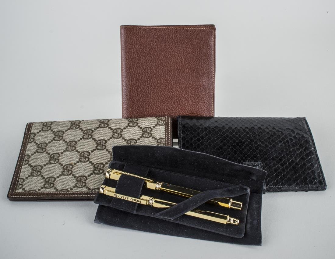 Group of Designer Billfolds: Including Gucci and Longchamp, etc., a Pierre Balmain pen set.