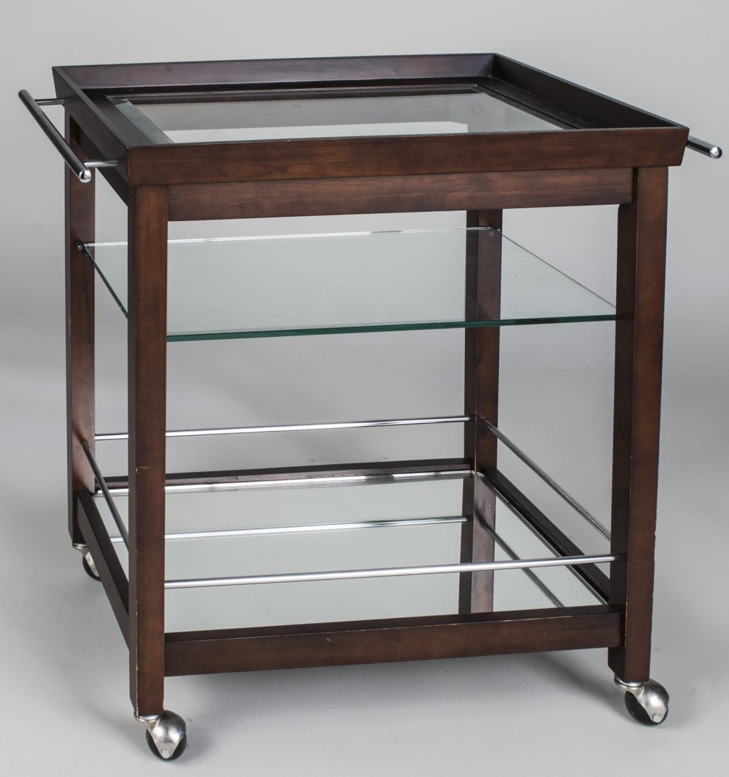 Tray Top Teacart: Rectangular top over a medial glass shelf and a lower mirrored shelf. Height 30 1/2 inches, width 32 inches, depth 18 inches.