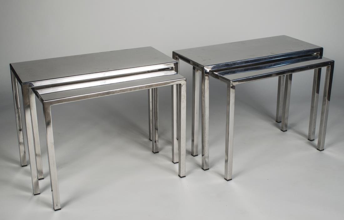 Two Chrome Nests of Two Tables: Each with rectangular top on square legs.