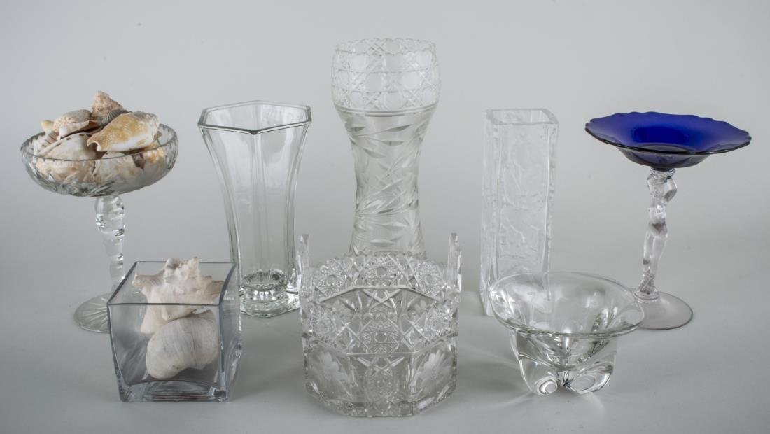 Miscellaneous Group of Glass Decorations: Including three vases, cobalt glass compote, Orrefors bowl, etc.