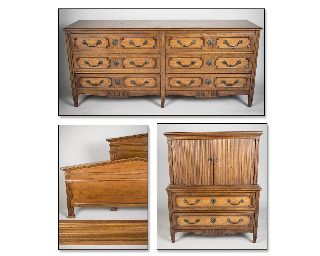 Mahogany Bedroom Suite: Comprising a double dresser, a chest and a bedstead.