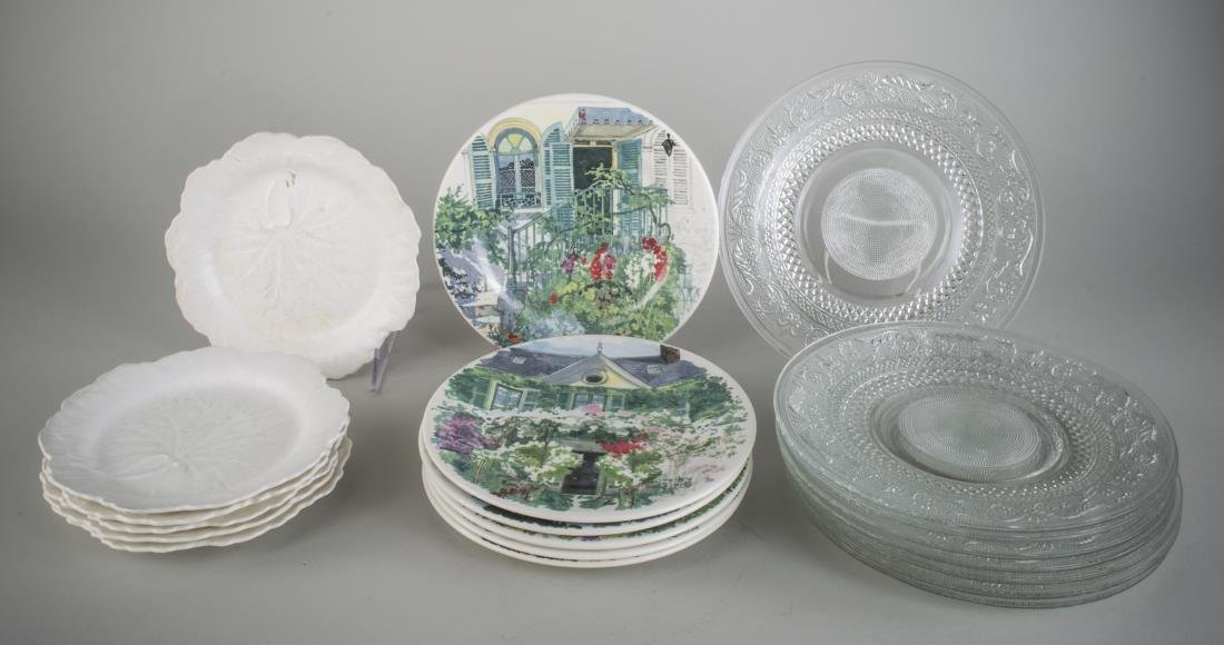 Three Sets of Dessert Plates: Comprising a set of six Gien pottery plates, de Paris a Giverny pattern; six Wedgwood white leaf form plates, a eight colorless glass plates. Colorless plates, diameter 10 inches.