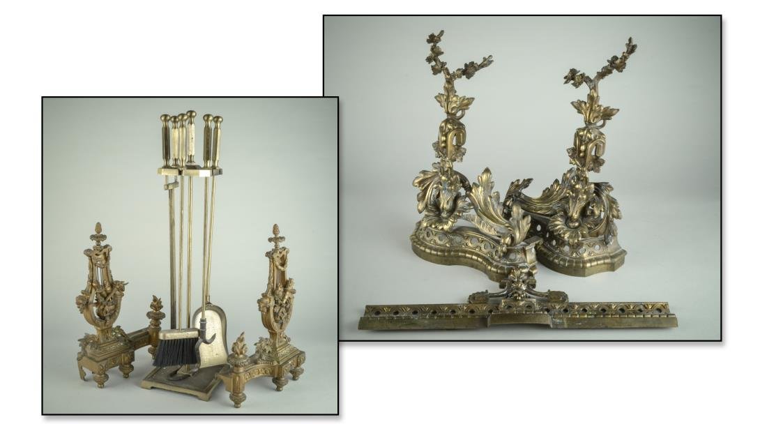 Two Pairs of Andirons: One pair, Rococo style, decorated with acanthus leaves and flower garlands and joined with a central fender, height 20 1/2 inches; the other pair, Neoclassical style, lyre form andirons decorated with
