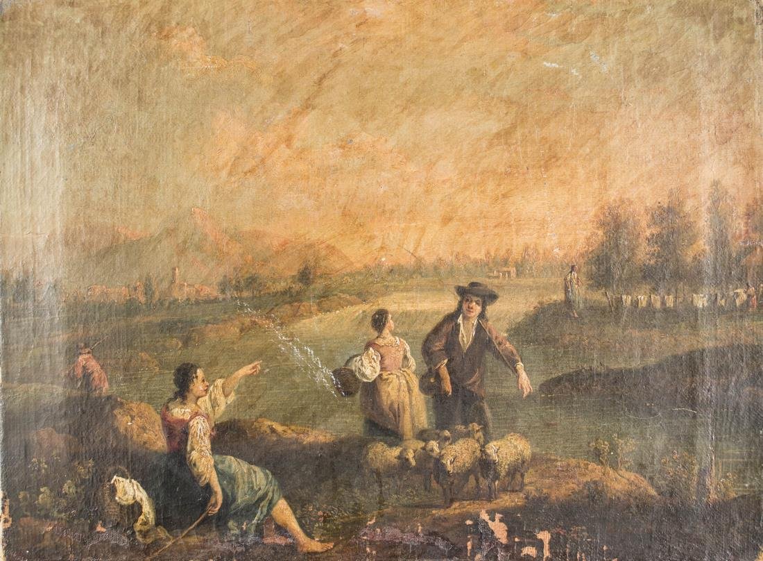 Continental School (19th Century): The Shepard. Oil on canvas. Canvas size 16 1/2 x 22 inches. Unframed.