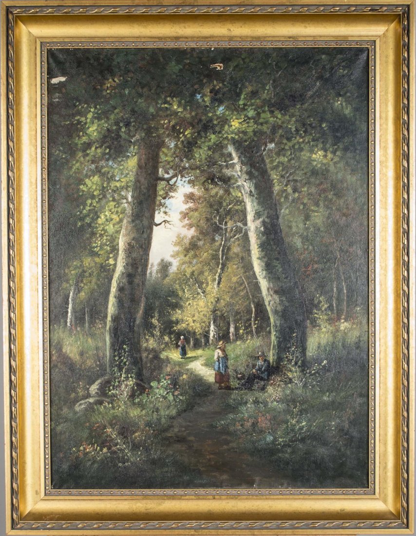 Continental School (19th Century): Figures on a Woodland path. Oil on canvas. Initialed C.M. (l.r.). Canvas size 32 x 23 1/2 inches. Framed.
