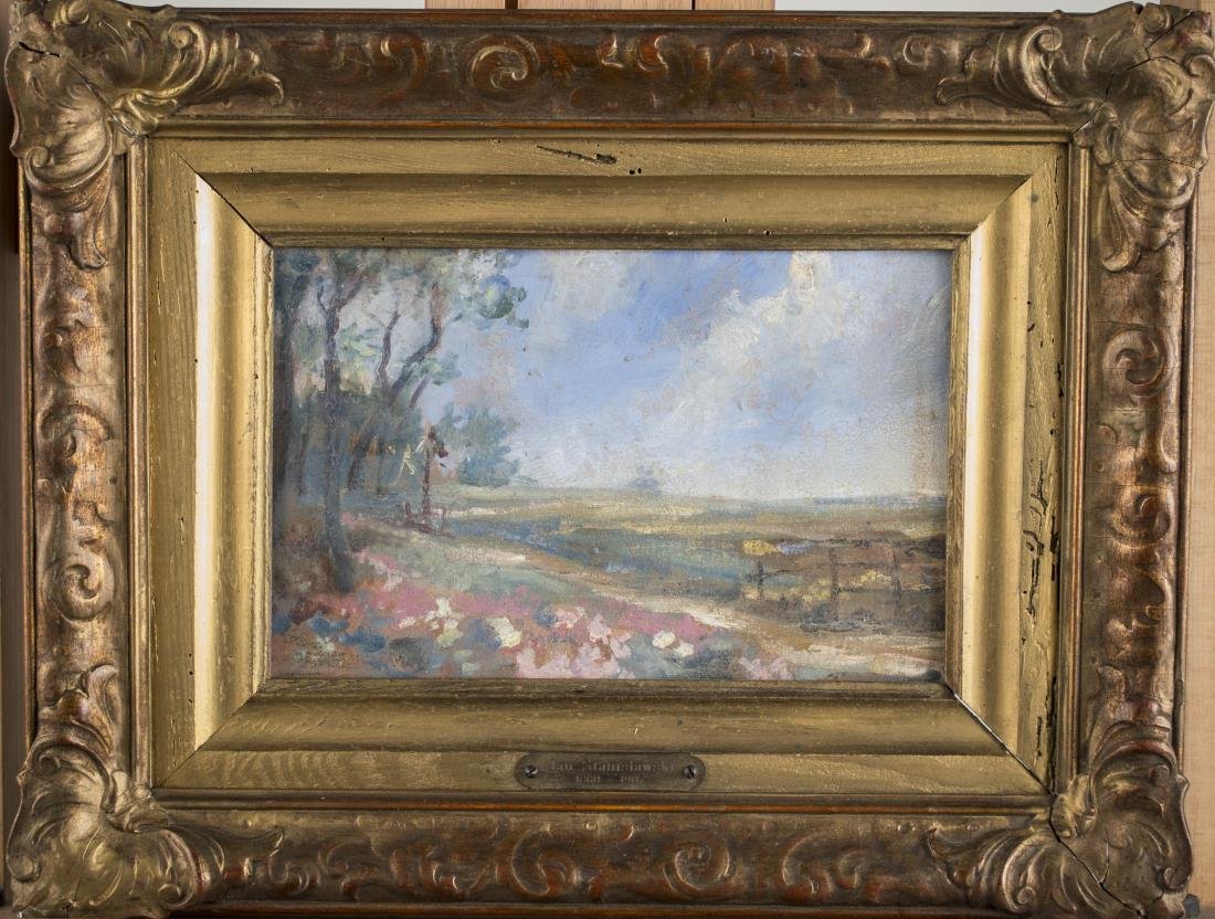Jan Stanislawski (Polish, 1860-1907): Landscape. Oil on paper. Signed in pencil (verso). Sight size 7 x 10 1/2 inches. Framed.