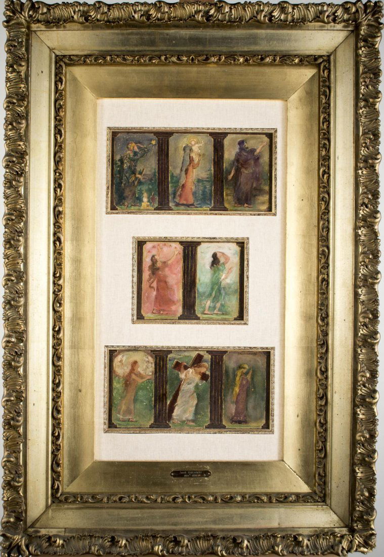 Jacek Malczewski (Polish, 1854-1929) *: The Life of Christ in 3 panels. Oil on canvas. Bottom panel signed (u.r.). Overall sight size 26 x 13 inches. Mounted and framed.