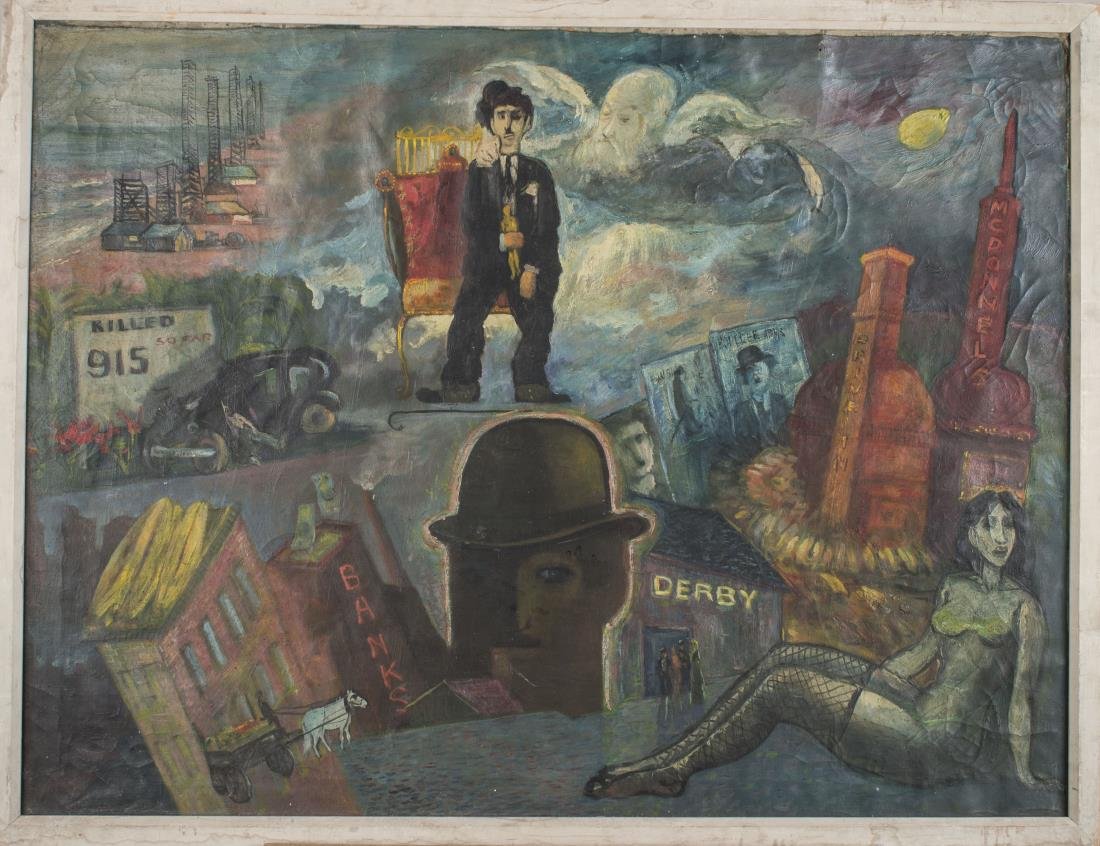 WPA School (20th Century): Surrealist Landscape. Oil on canvas. Canvas size 30 1/4 x 39 3/4 inches. Framed.