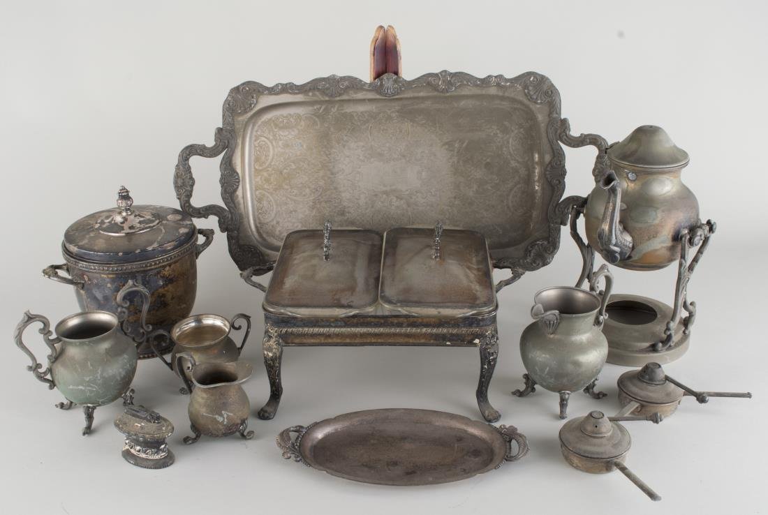 Group of Silver Plated Table Articles: Including a coffee and tea set, two trays, etc.