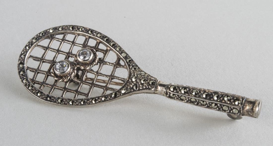 Tennis Racquet Pin: Marcasite decoration. Length 2 1/4 inches.