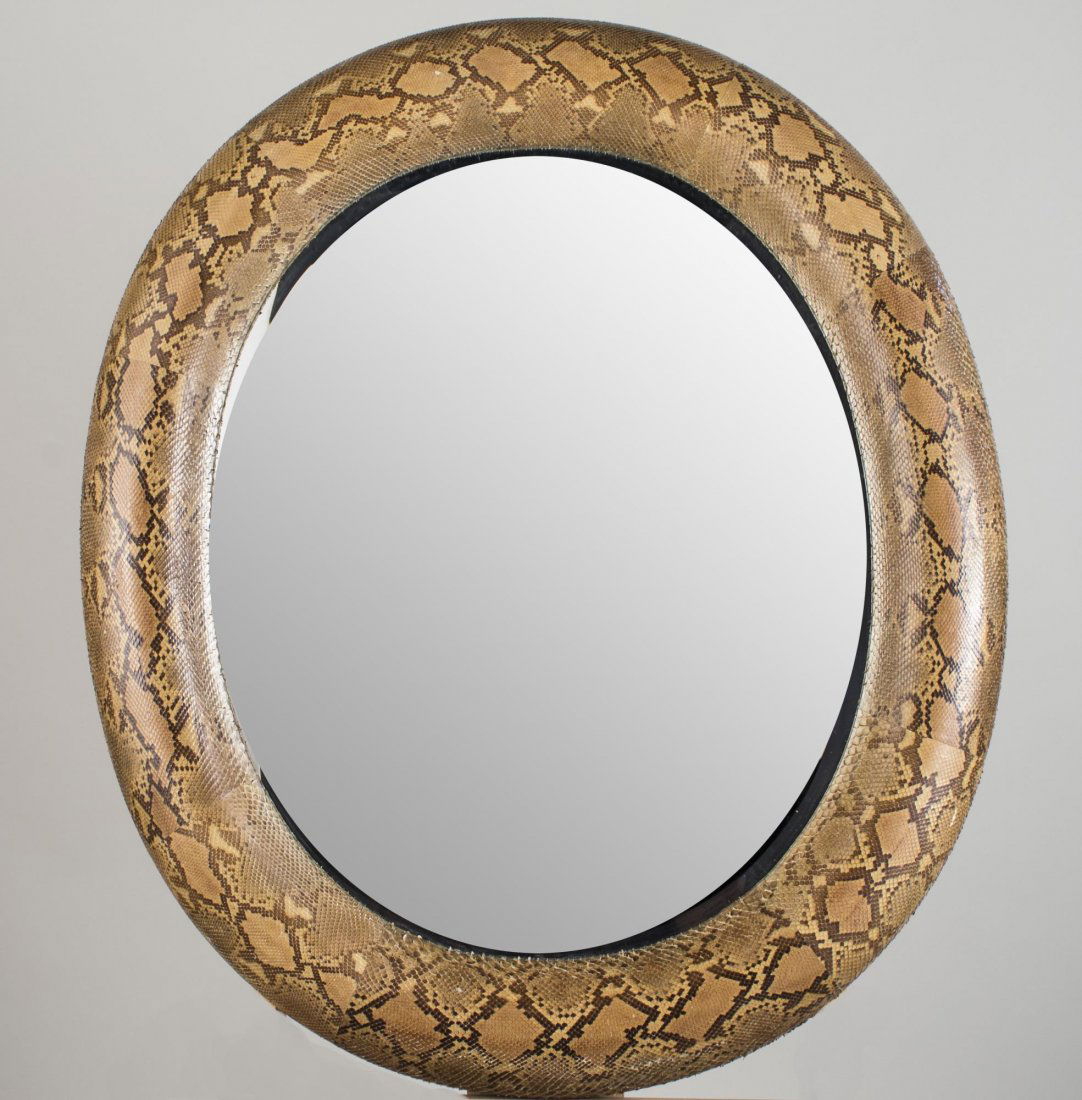 Karl Springer Style Snakeskin Mirror: Oval mirror plate. Height 36 inches, width 33 inches.