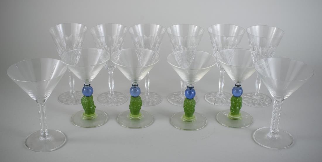 Group of Stemware: Including a set of martini glass with colored stems. Height 8 inches.