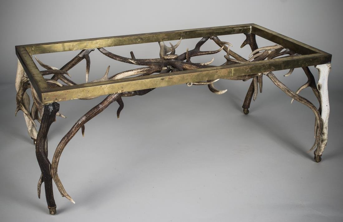 Glass Top Horn & Bone Coffee Table: Rectangular glass top. Height 20 inches, width 50 inches, depth 26 inches.