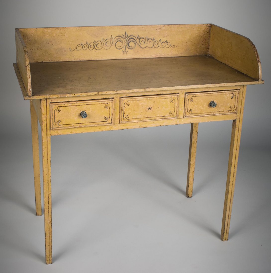 Provincial Pine Dry Sink: Rectangular top with three quarter backsplash, over tree drawers, tapered square lets. Height 36 inches, width 37 inches, depth 19 inches.