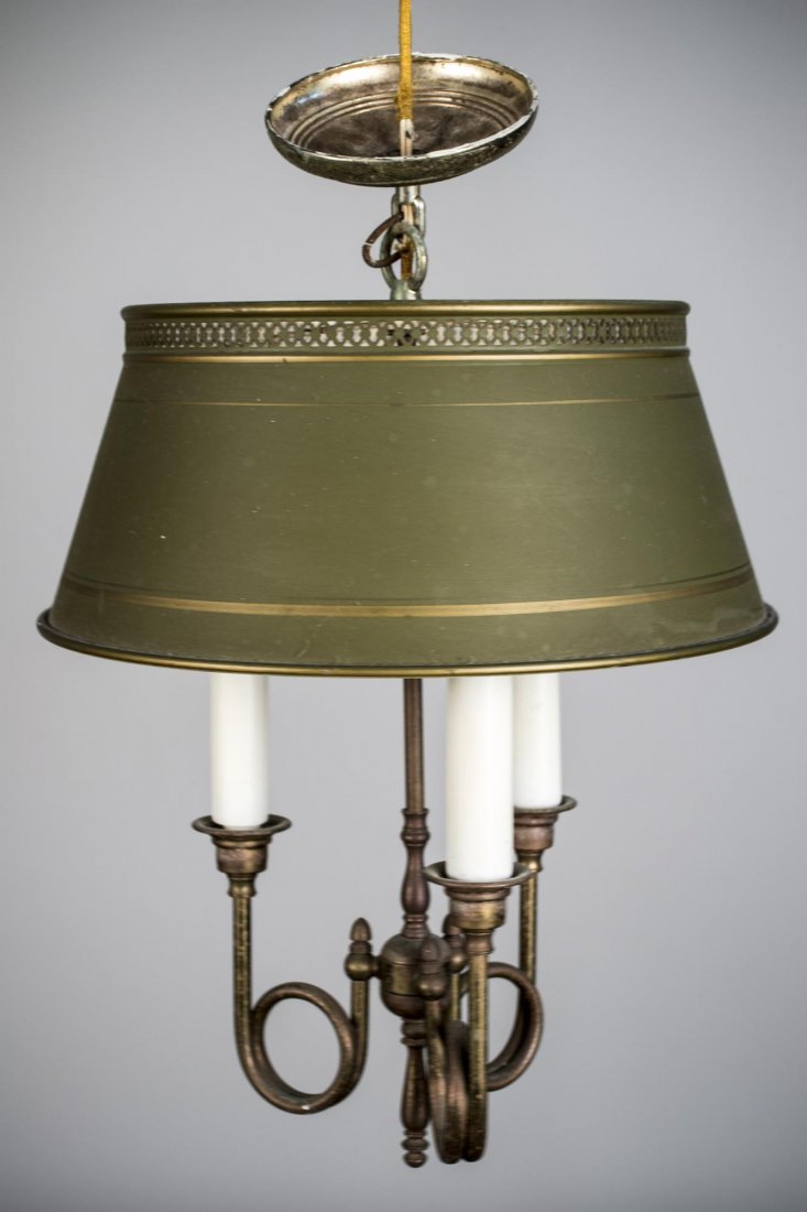 Bouillotte Style Hanging Fixture: Three light, with green tole shade. Height 19 inches, diameter 12 inches.