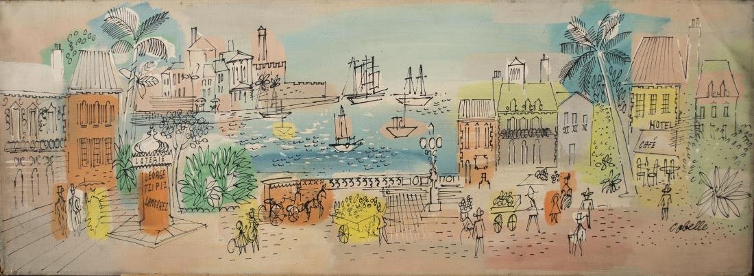 Charles Cobelle (French, 1902–1998): Harbor Scene. Acrylic on canvas. Signed (l.r.). Canvas size 13 x 36 inches. Unframed.