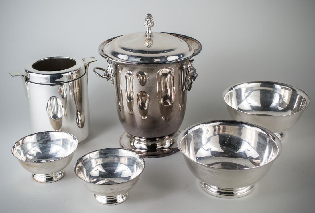 Group of Silver Plated Table Articles: Comprising four Revere style bowls, a bottle holder and an ice bucket and some assorted barware. Bucket, height 12 inches.
