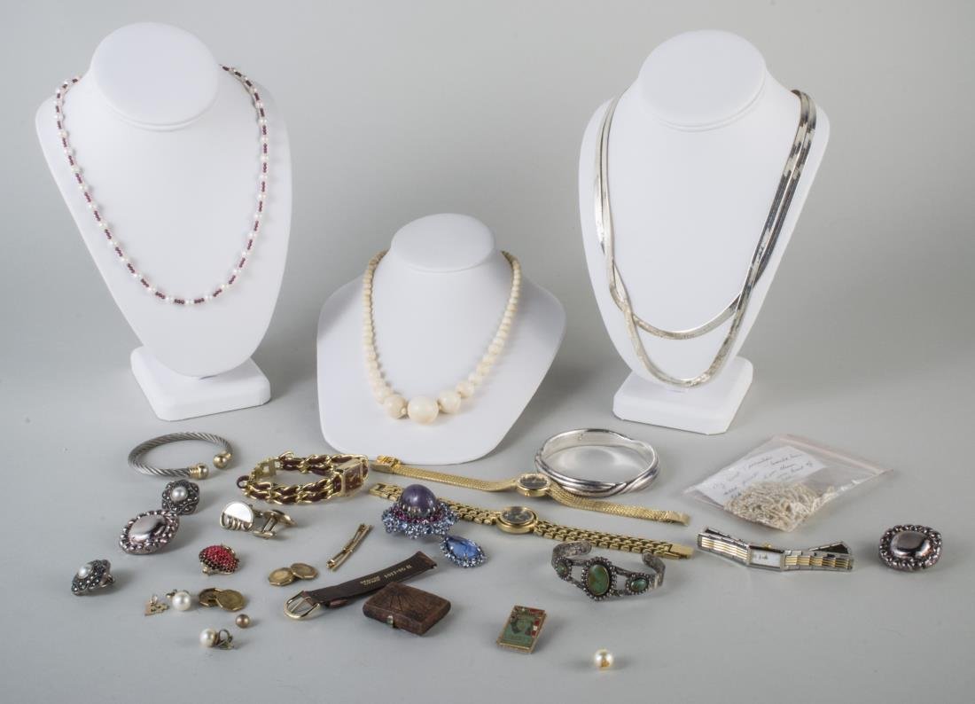 Group of Costume Jewelry: Including watches, bead necklaces, silver jewelry, snake chain, seed pearls, bangle, etc.