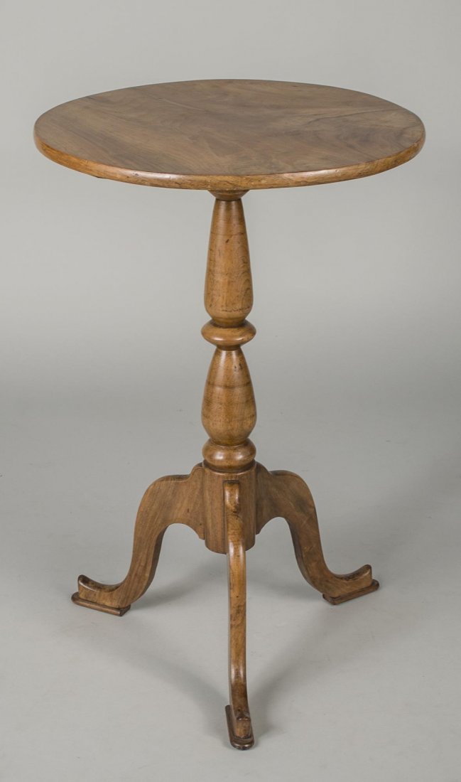 Burl Wood Candle Stand: Circular top on standard with tripod base. Height 28 1/2 inches, diameter 18 1/2 inches