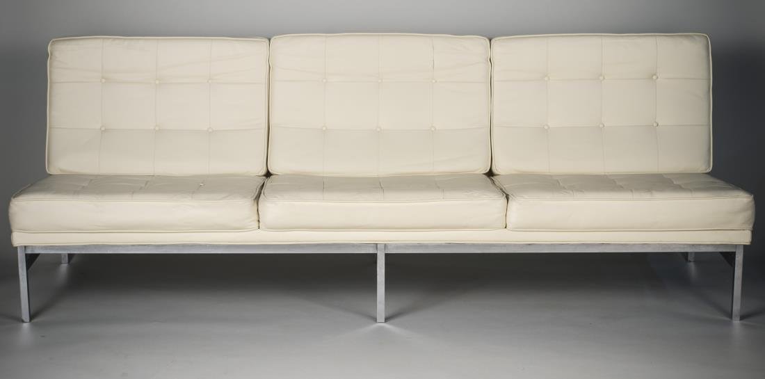 Florence Knoll 51 Style Armless Sofa: Three cushion button tufted back and seat, aluminum legs. Height 34 inches, Length 7 feet, depth 28 inches