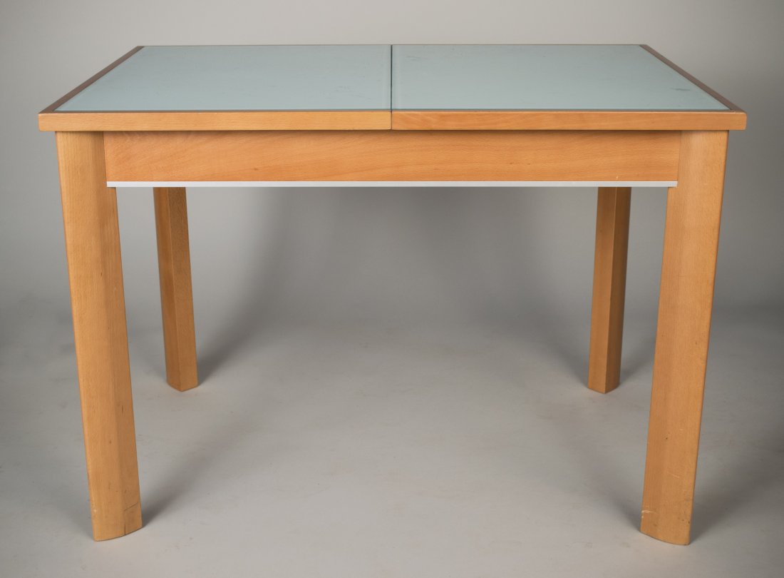 Extension Dining Room Table: Glass inset top and a single hidden collapsible leaf. Height 29 3/4 inches, width extended 58 inches, depth 36 inches.