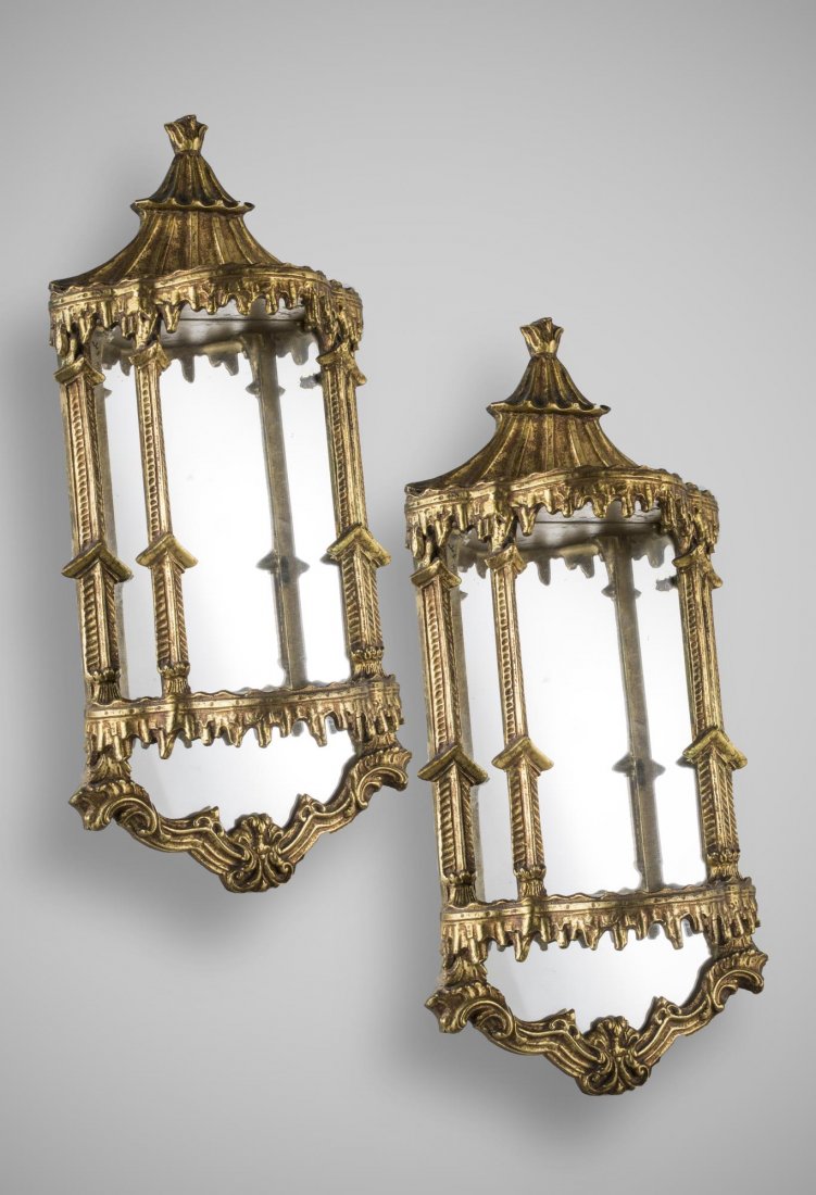 Pair of Gilt Wood Mirror Back Brackets: Chinese Chippendale style with pagoda tops. Height 20 inches.