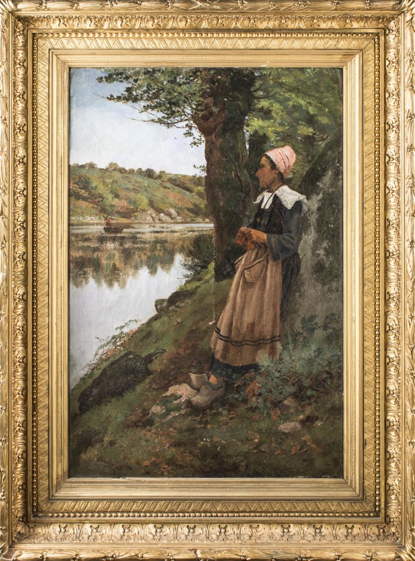 Continental School (19th Century): Girl by a Pond. Oil on canvas, 1888. Signed and dated (l.l.). Canvas size 30 x 20 1/2 inches. Framed.