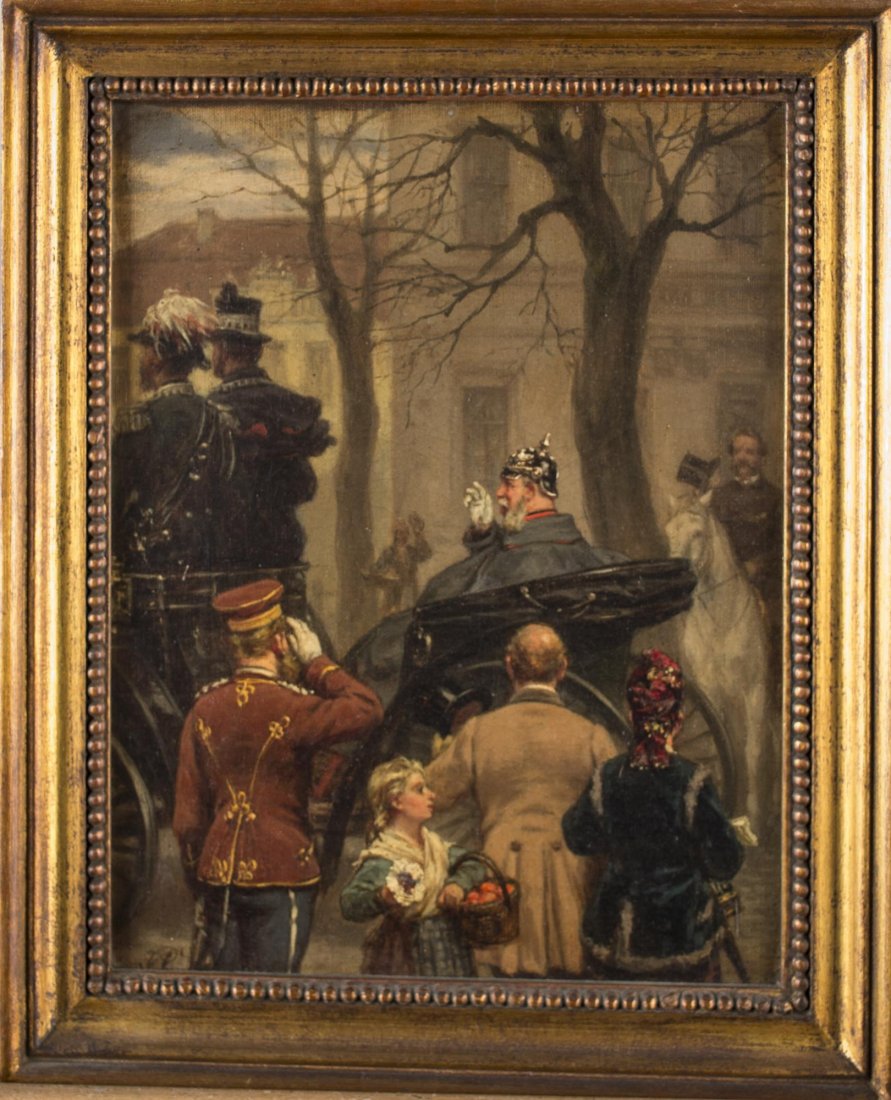 Prussian School (Late 19th Century): Military Officer in Motorcade. Oil on canvas. Initialed (l.l.). Canvas size 12 1/2 x 10 inches. Framed.