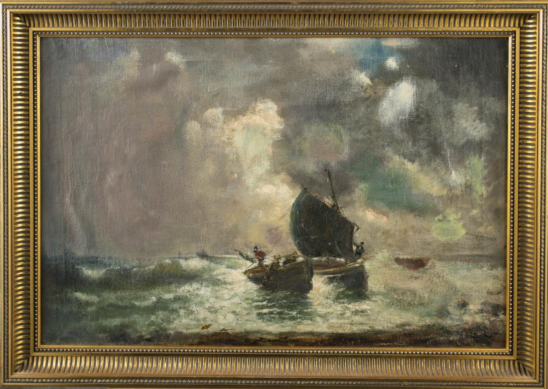 Continental School (19th Century): Out to sea. Oil on canvas. Canvas size 20 x 30 inches. Framed.