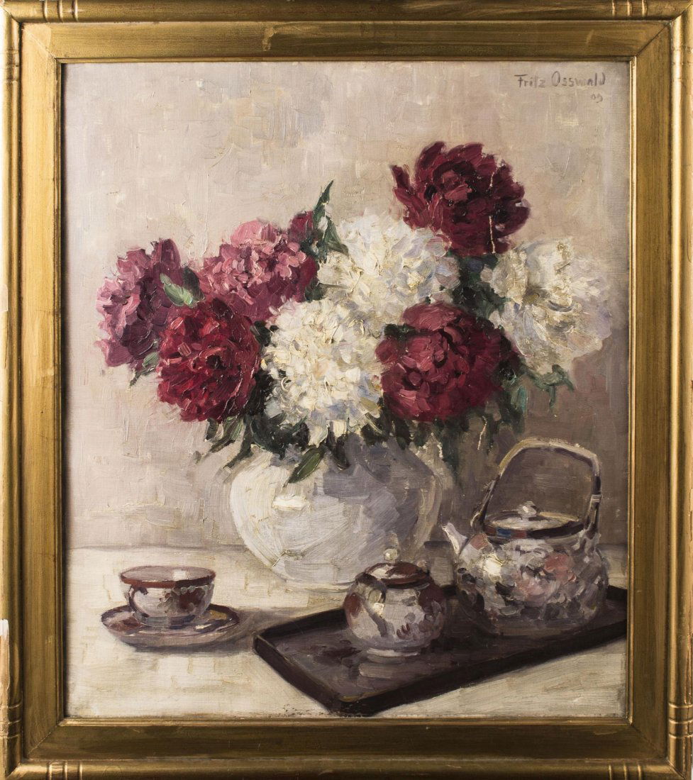 Fritz Osswald (Swiss, 1878-1966): Floral Still life. Oil on canvas, 1903. Signed and dated (u.r.). Canvas size 27 1/2 x 23 3/4 inches. Framed.