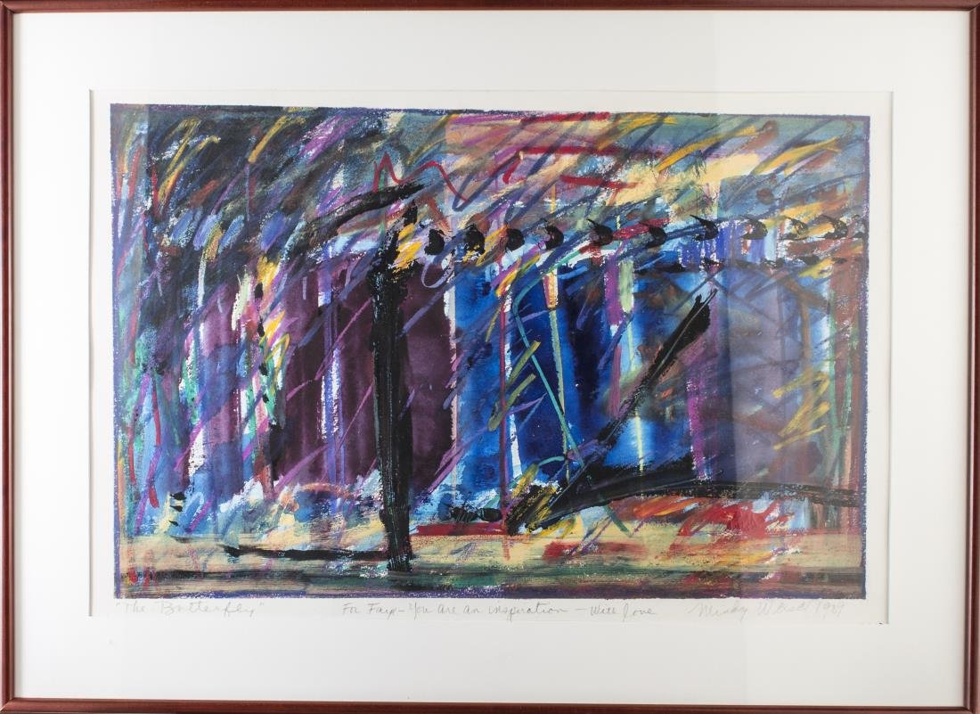 Mindy Weisel (American/German, 20th Century): The Butterfly. Color lithograph on paper, 1989. Inscribed and dated. Sight size 19 x 38 inches. Matted and framed.