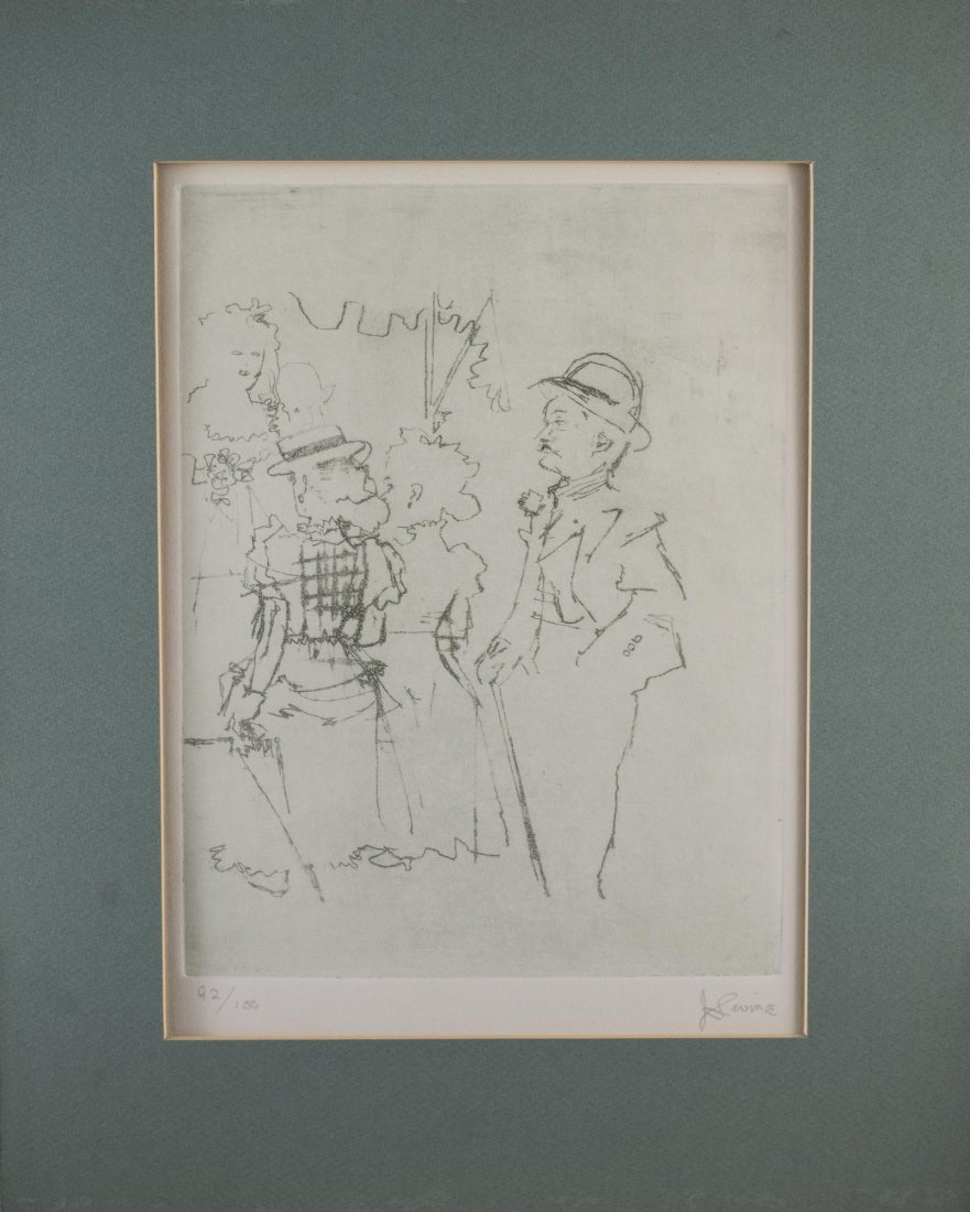 Jack Levine (American, 1915-2010): Mack sees Polly Peacham. Etching on paper. Signed (l.r.), numbered 92/100 (l.l.). Sight size 13 x 9 1/2 inches. Matted, unframed.