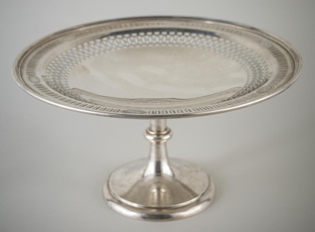 American Sterling Silver Cake Stand: Neoclassical style with pierced border, pedestal base. Height 5 1/2 inches, diameter 10 inches, 440 grams.