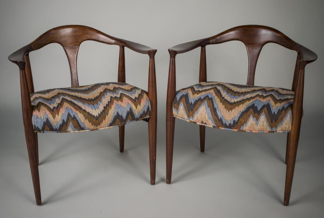 Pair of Hans Wegner Style Teak Mid Century Chairs: Upholstered seat. Height 28 inches, width 26 inches, depth 21 inches