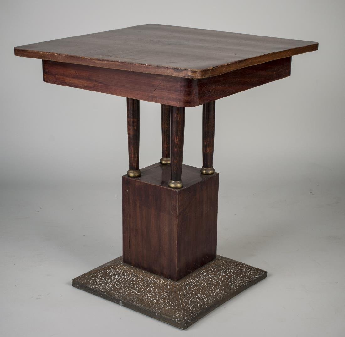 Josef Hoffman Style Square Top Table: Square top on four columnar supports on a block base with a tapered square foot. Height 29 inches, width 24 1/2 inches, depth 24 1/2 inches