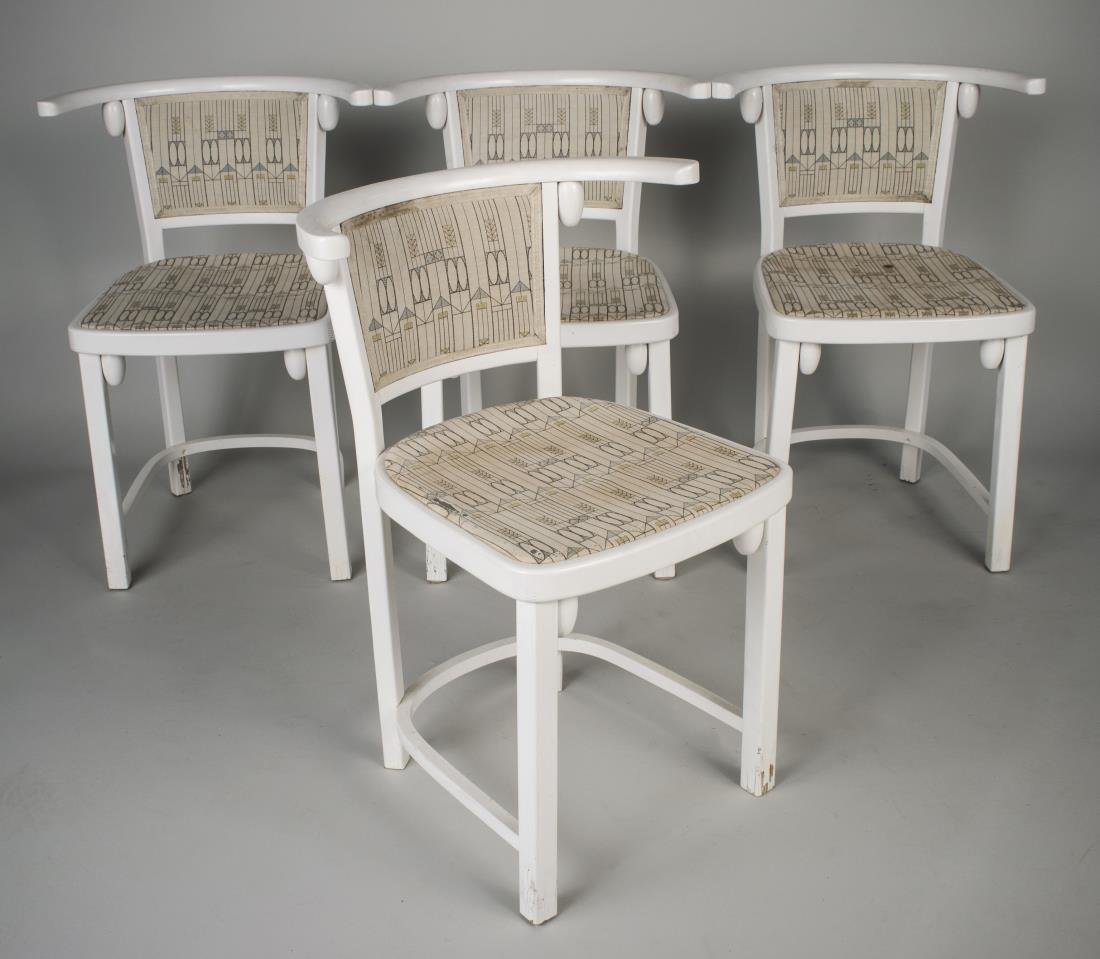 Set of Four Josef Hoffman for Thonet Side Chairs: Each white painted with upholstered back and seat. Height 30 inches, width 21 inches, depth 20 inches