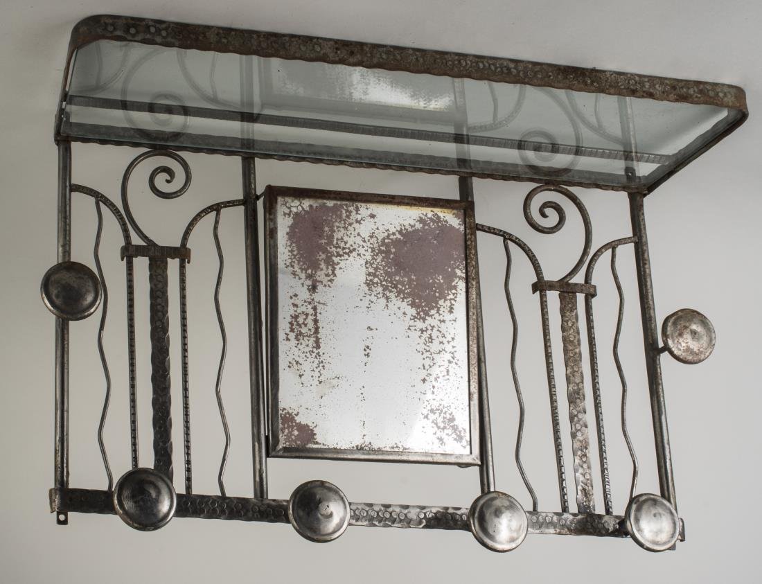 Art Deco Wrought Iron Coat Rack: Rectangular with a top shelf. Height 20 inches, width 29 inches, depth 8 inches.