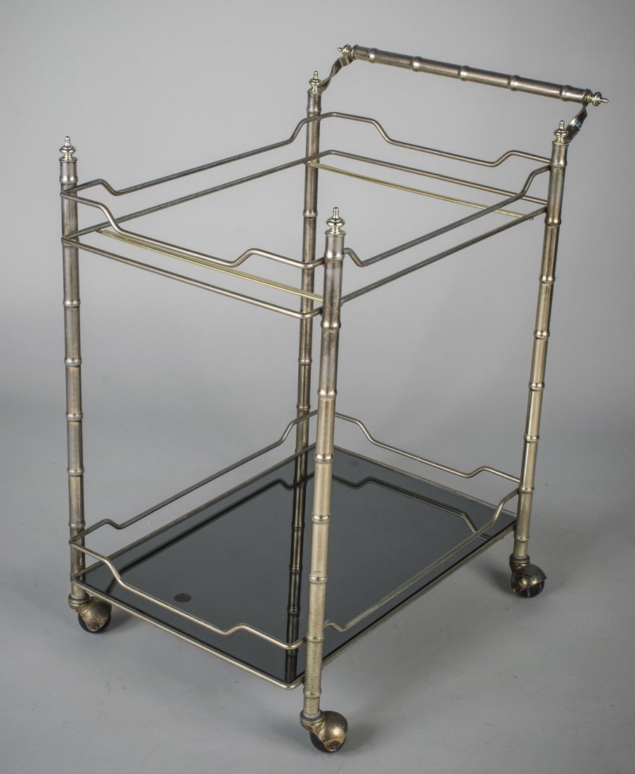 Brass Tea Cart: Two tier cart missing top glass shelf. Height 26 inches, width 27 inches, depth 16 inches.